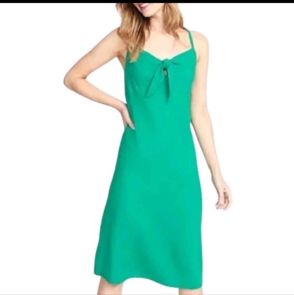 Linen-Blend Green Midi Dress Tie Front Small Tall Old Navy